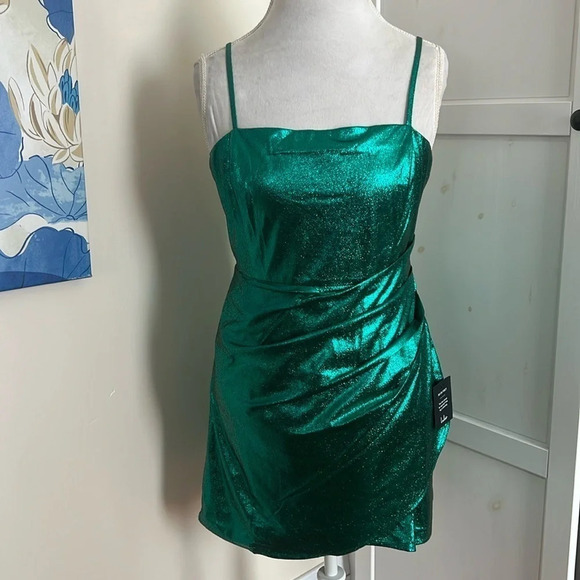 Lulus Always Envied Green Metallic Gathered Mini Dress - Size L - Picture 1 of 15